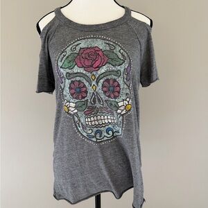 Chaser Gray Cold-Shoulder Tee with Colorful Sugar Skull